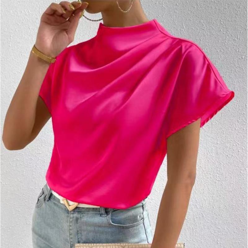 New Summer Round Neck Short Sleeve Pleated Casual Shirt for Women Fashion Elegant Tops Slim Fit Solid Loose Women Blouses Simple Ladies Shirts 26524