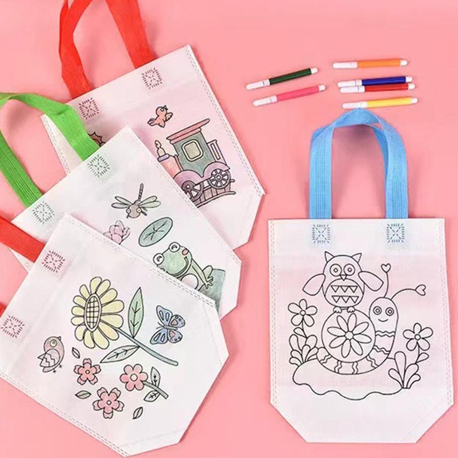 20Pcs DIY Coloring Bags with Markers Carnival Art Party Goodie Bags for Kids Eco Mini Non-Woven Fabric Shopping Storage Bags