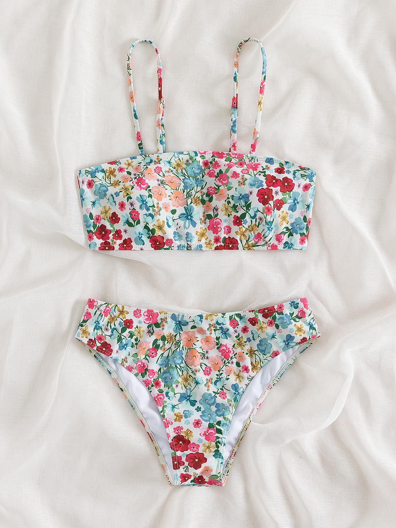 

Комплект бикини бандо с цветочным принтом, купальник с открытыми плечами пуш-ап, женский купальник с топом-трубой, бикини с узлом, купальник 2025, сексуальный летний купальник XL зелёный