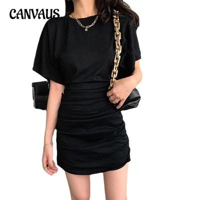 Women's Pleated Package Hip Short-sleeved Dress Summer Sexy Waist Thin Tight Temperament Girl Bodycon Dress