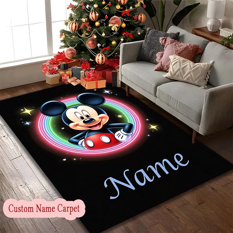 1pc Custom Name Rug, Mickey Mouse Rainbow Adventure Printed Area Carpet for Office Chair, Home Entrance Floor Mat