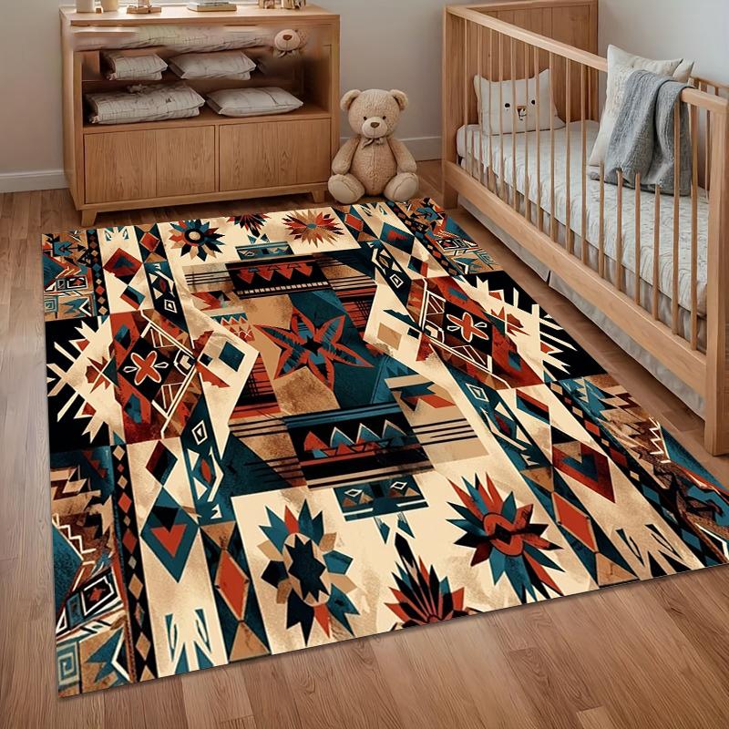 

Red Brown Blue Ethnic Geometric Area Rug Non Slip Washable Mat for Bedroom Boho Home Decor Aesthetic Tribal Bedroom 40cm x 60cm