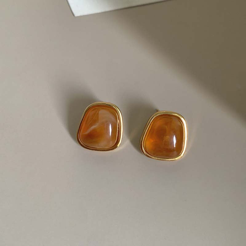 Vintage Coffee Color Square Resin Stud Earrings For Women Girls Fashion Metal Irregular Geometric Earrings Zircon 2023 Trendy