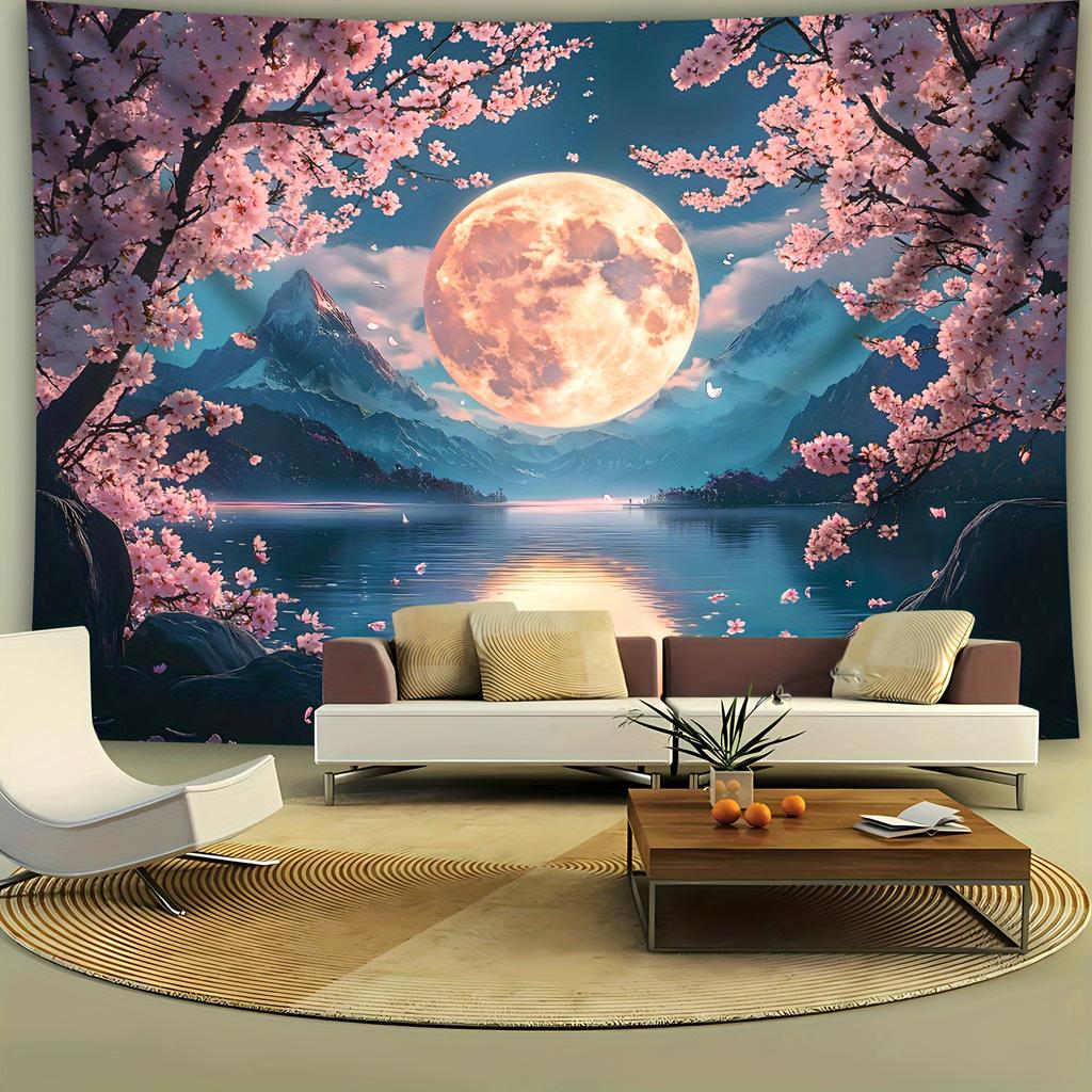 Pink Cherry Blossom Moon Lake Mountain Landscape Wall Tapestry Romantic Home Decor Aesthetic Living Room Art Print Design