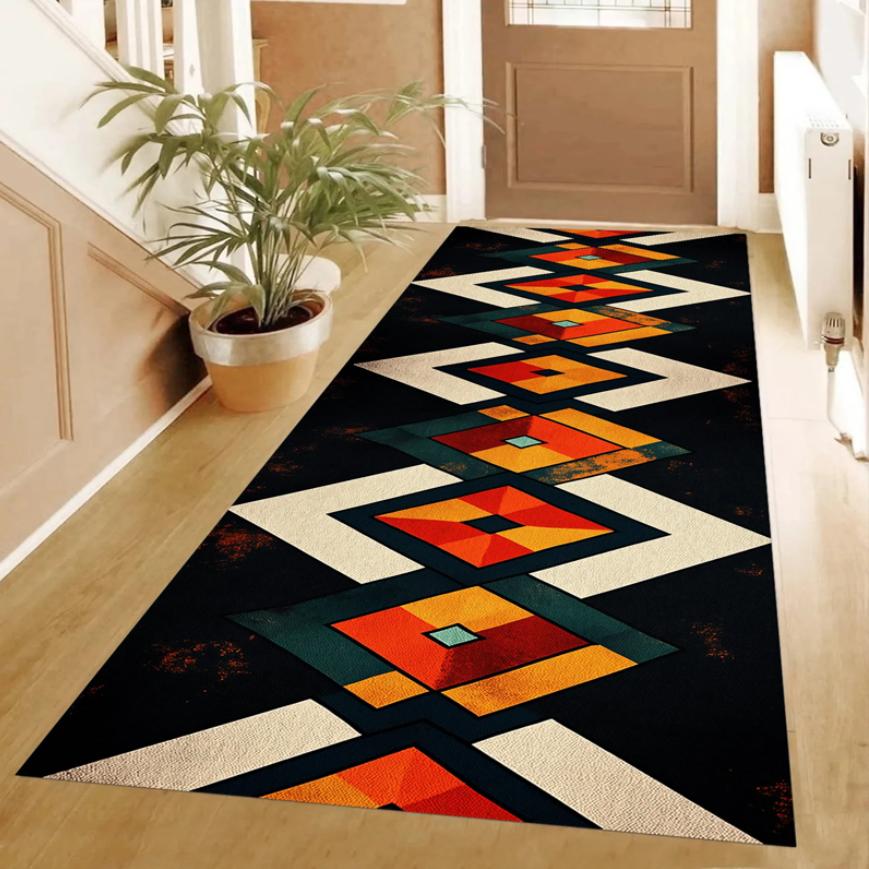 Retro Color Block Runner Rug Mid Century Modern Abstract Carpet Colorful Hallway Geometric Rug Red Teal Mustard Long Area Rug