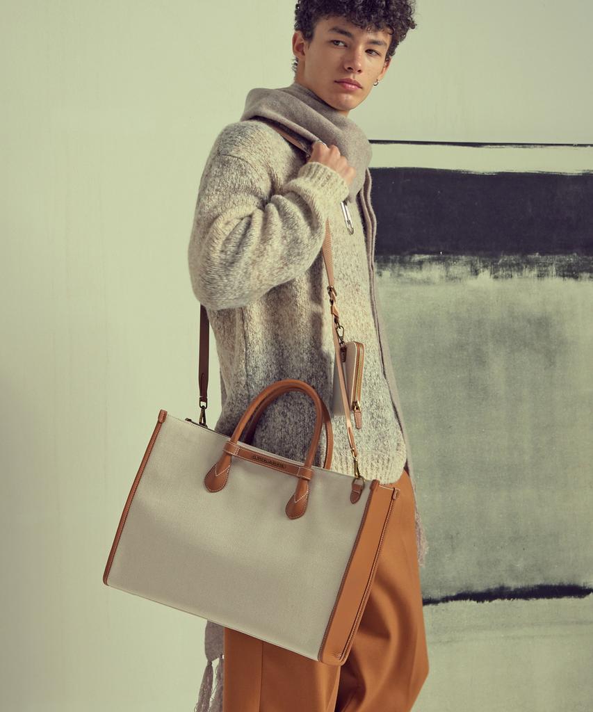 Saturday Eleven Two-Tone Canvas Leather Bridge Tote Bag _ Brown Ivory