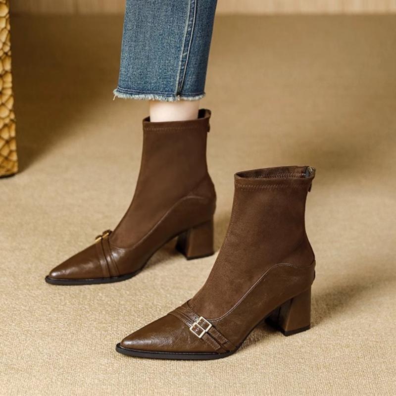 High Heels Women Ankle Boots Pointed Toe Chunky Leather Shoes Winter 2025 Sexy Pumps Elegant Chelsea Boots Mujer De Zapatillas