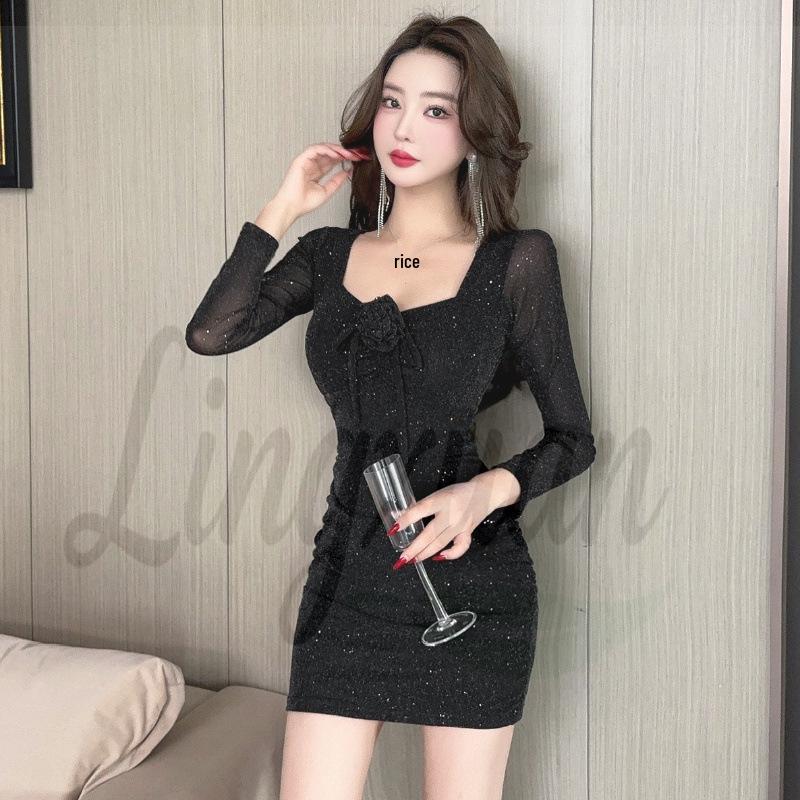 

Chic 3D Floral Halter Long Sleeve Dress with Waist-Cinched, Hip-Hugging Skirt XL чёрный