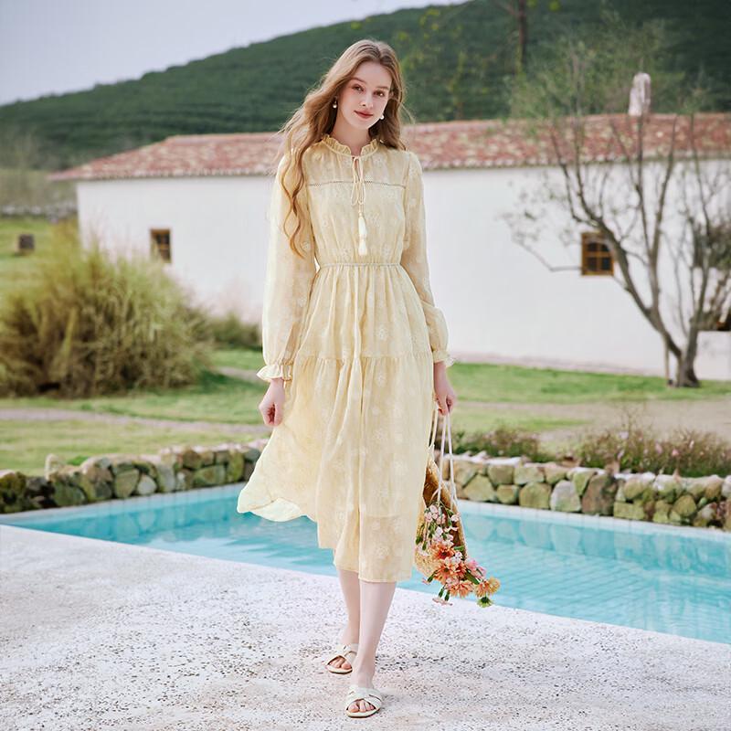 French Style Yellow Floral Chiffon Dress