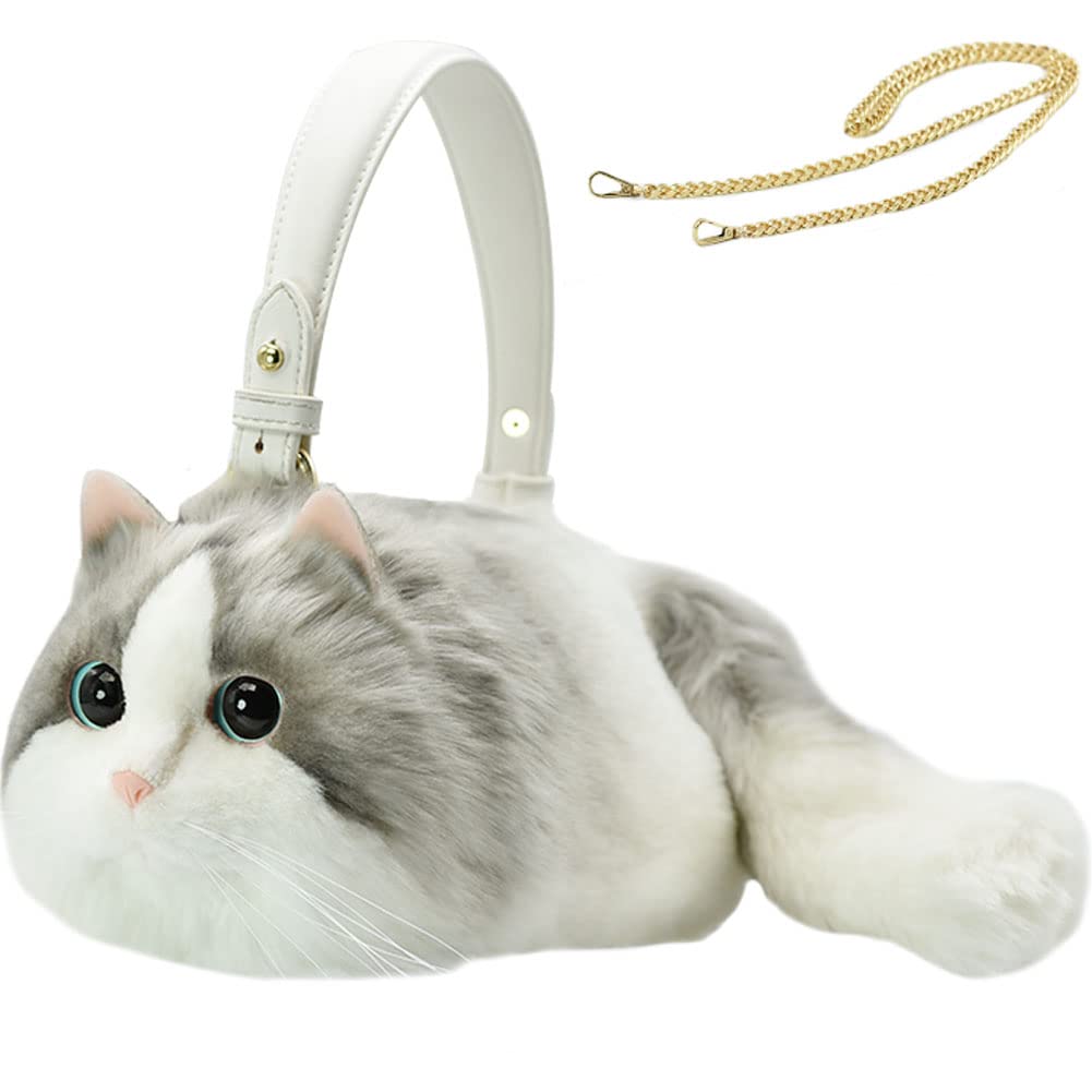 HIGHAWK Lifelike Plush Cat Fluffy Shoulder Bag for Gift for Cat Soothing Ornament Size Realistic, Bag, Women, Lovers, (Gray, L)