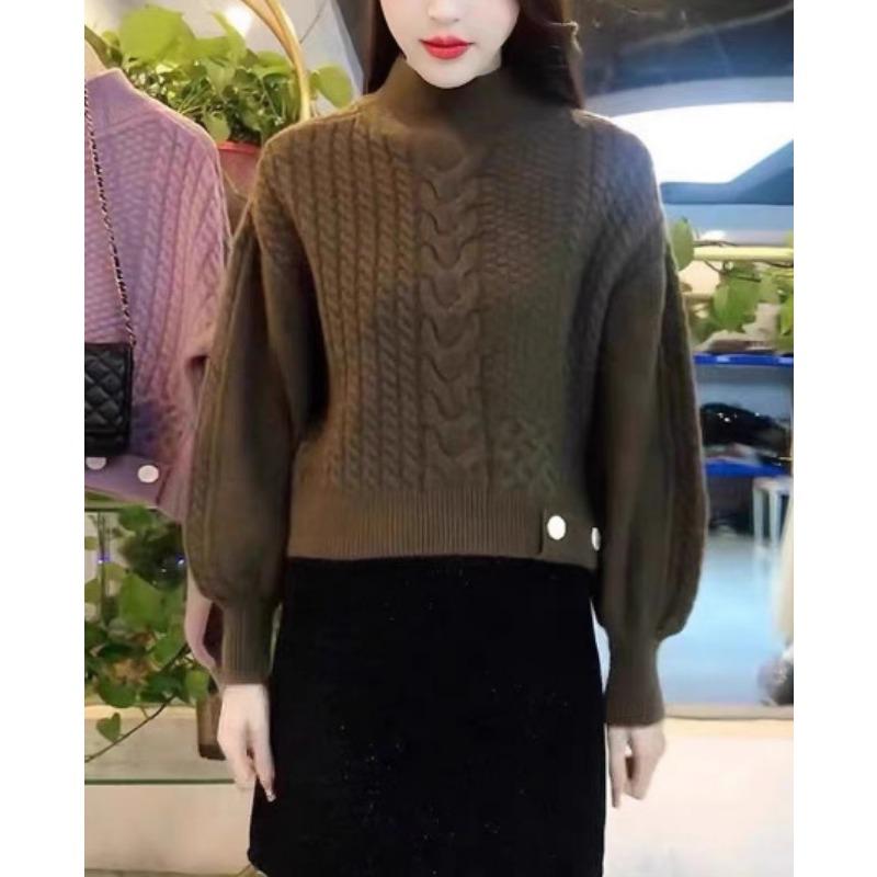 High-texture Semi-turtleneck Sweater Women's Pullover, Thick Autumn and Winter Retro Loose and Thin Long-sleeved Knitted Sweater