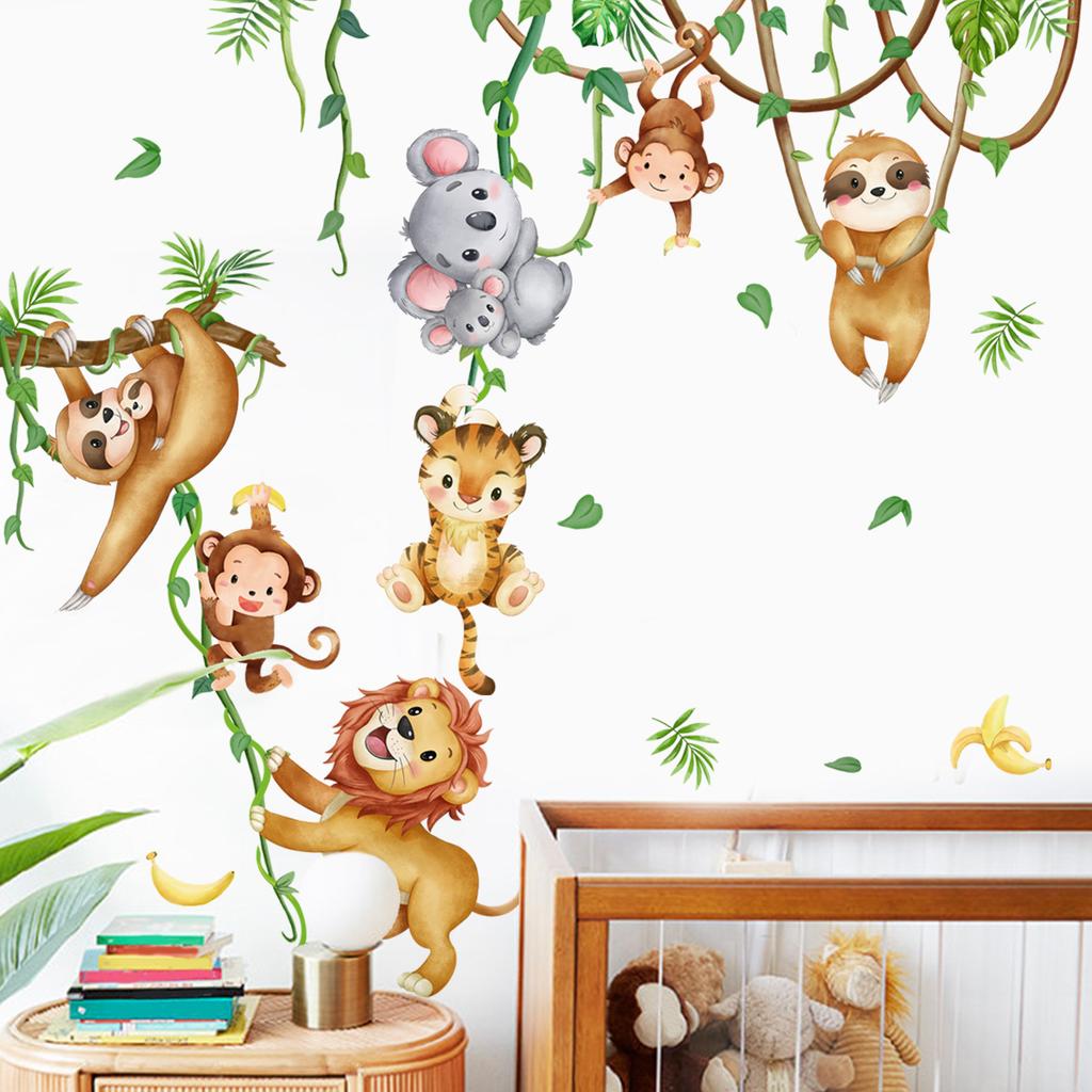 Funny Cartoon Monkey Wall Stickers for Kids Room Self-Adhesive Peel Stick Decoration Jungle Vine Strips for Bedroom Nursery Living Room