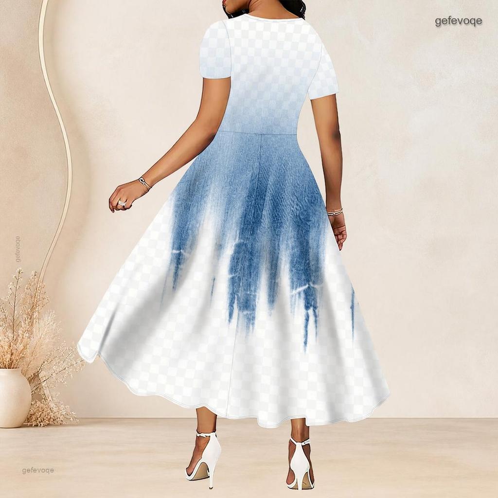 Damen Übergröße Rundhals Kurzarm Bedruckt Raffung in der Taille A-Linie Langes Kleid
