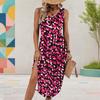 Women Plus Size Printed Sleeveless U Neck Tank Dress High Side Slit Midi Dress