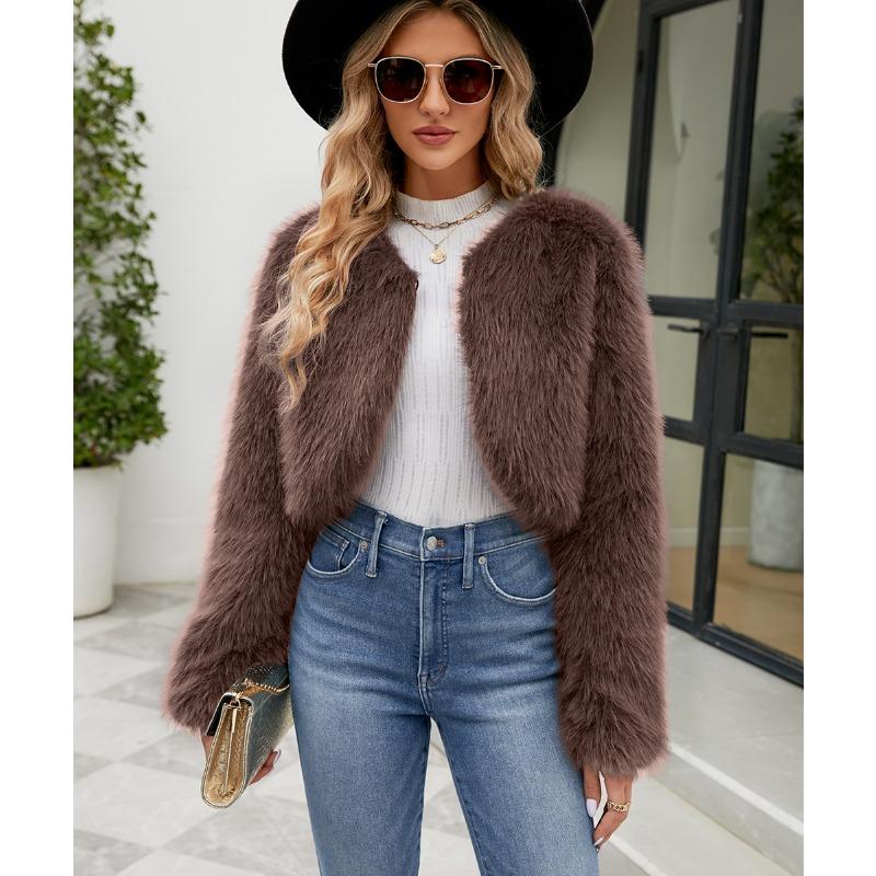 Womens Faux Fur Cropped Jacket Open Front Long Sleeve Winter Coat