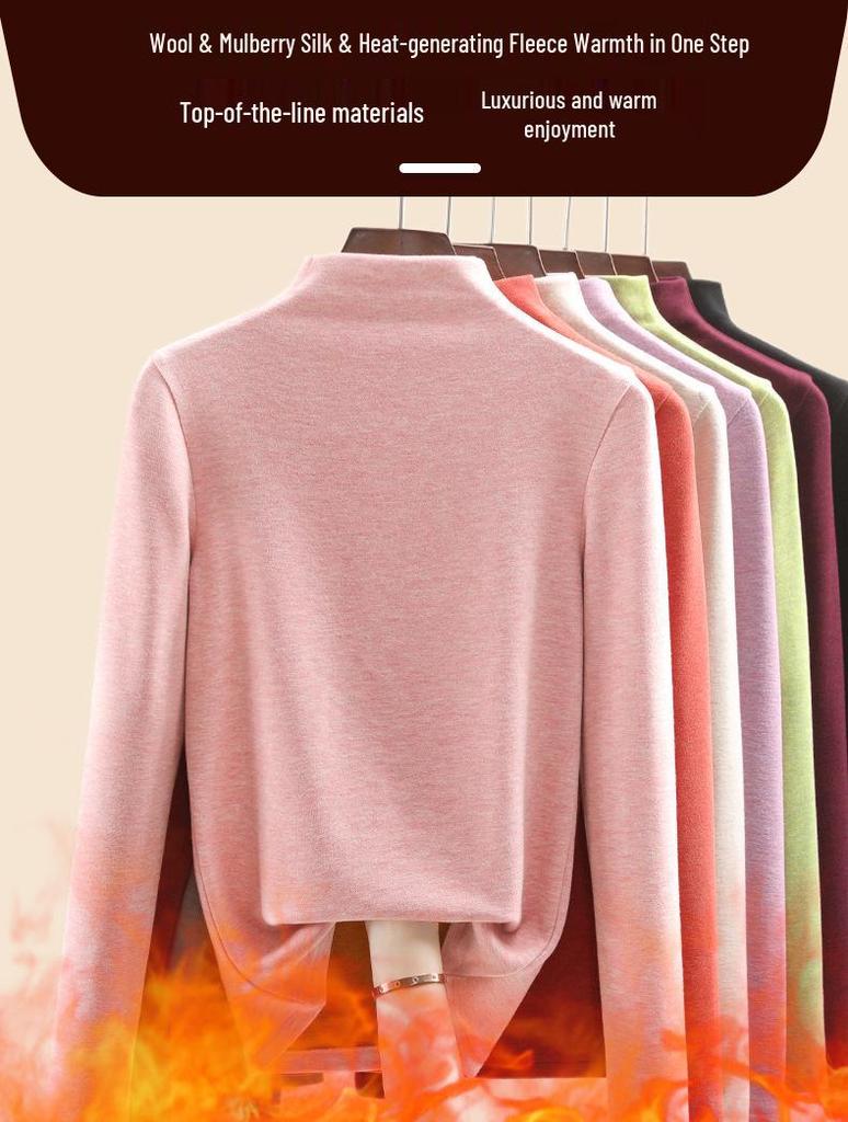Women's Mulberry Silk Wool Fleece-Lined Warm Base Layer, Mid-High Neck, Autumn/Winter 2025 Collection