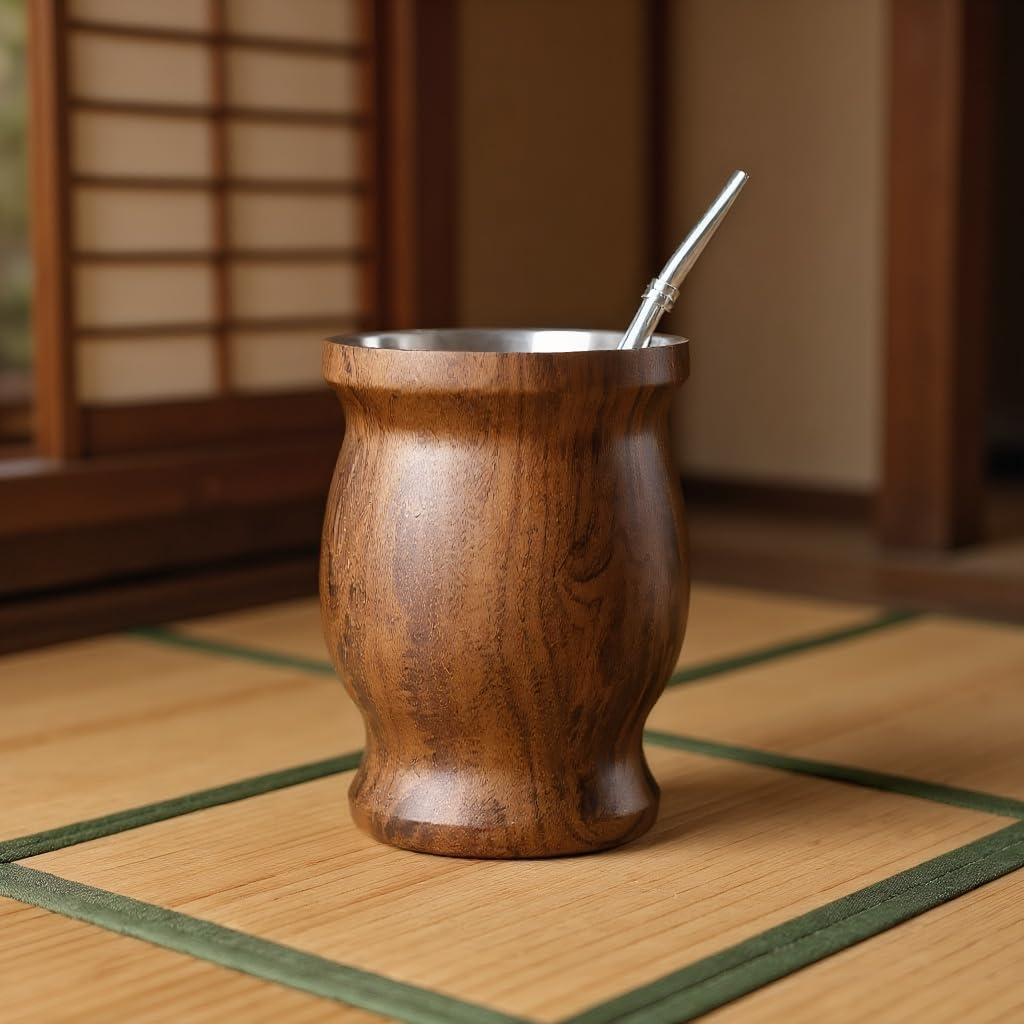 Stainless steel mate tea cup and set with straw cleaning brush for easy cleaning. Perfect for any room or office. (Wood grain)