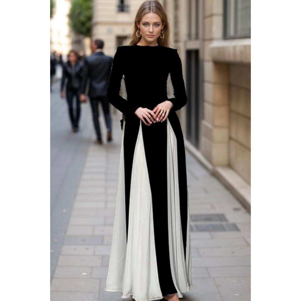 Fall Winter New European American Women's Clothing, Crew Neck Colorblock Long Sleeve High Waist Slim Elegant Vintage Evening Dress