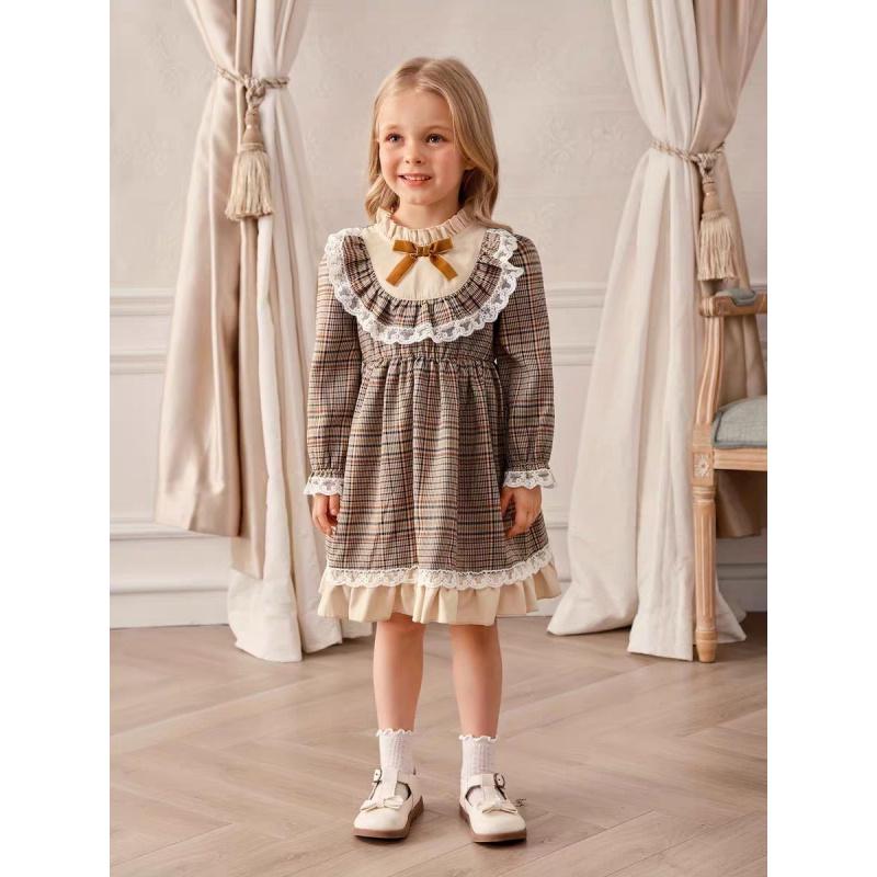 Girls New Dress Baby College Stylishly Princess Children Lolita Plaid Long Sleeve British Style Dress