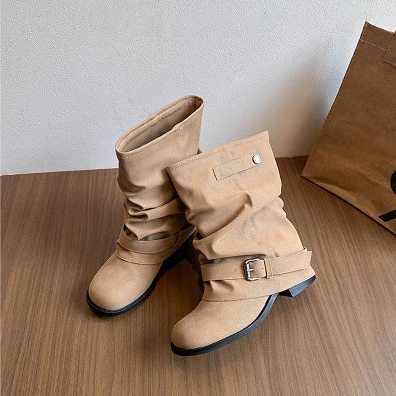 Western jeans tube short boots women's 2025 new autumn thick heel pleated pile boots retro British Martin boots