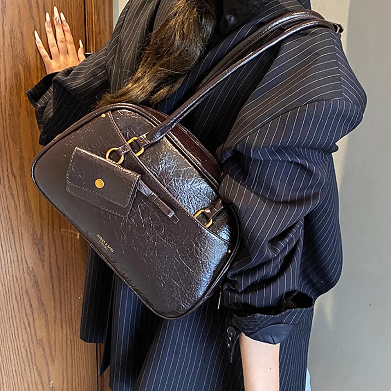 Women Vintage Underarm Bag Large Capacity Bowling Bag Soft PU Leather Shoulder Bag Handbag Internal Zipper And Polyester Lining