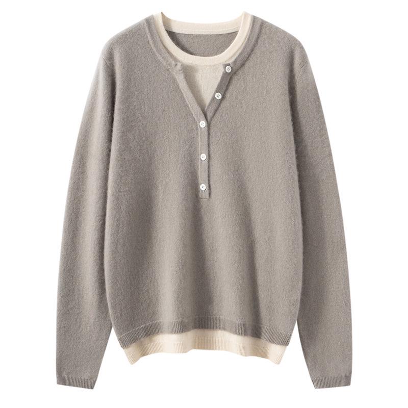 Stylish Women's Faux Two-Piece Cashmere Knit Sweater - Loose, Slimming, Versatile Pullover