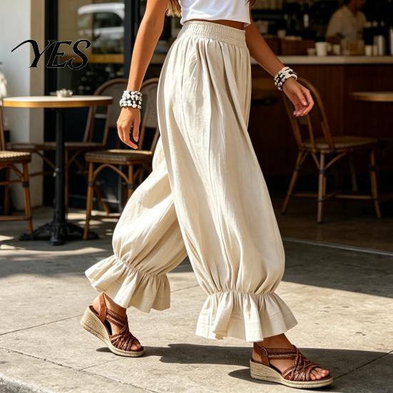 Commuting Pants Women Bloomers, High Elastic Waistband Wide Leg Trousers, Bohemian Ruffled Adjustable Waist Balloon Cuffs Super Loose Harem for Casual
