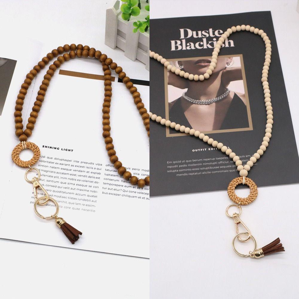 Charm Gift ID Badge Necklace Long Key Chains Accessory Beaded Lanyard Rattan Wood Bead Lanyard
