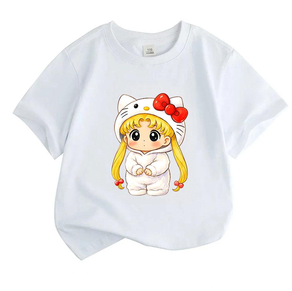 Kids Boys Girls 100% Cotton Crew Neck Short Sleeve T-Shirt, Cute Cartoon Blonde Character In Hello Kitty Costume Print Casual Soft Breathable Tee Top