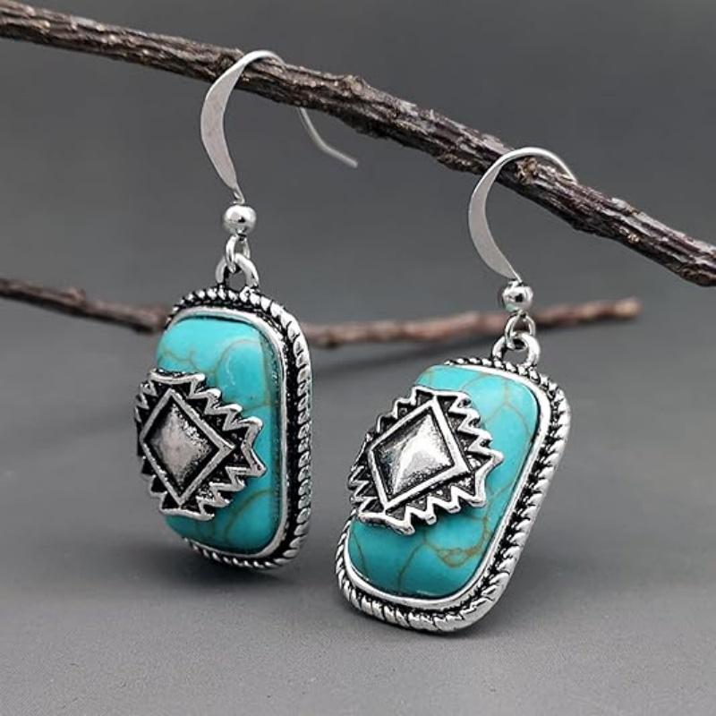 

1 Pairs Bohemian Shield Design Geometric s Earrings for Women Tribal Zircon Antique Copper Color Blue Stone Earring