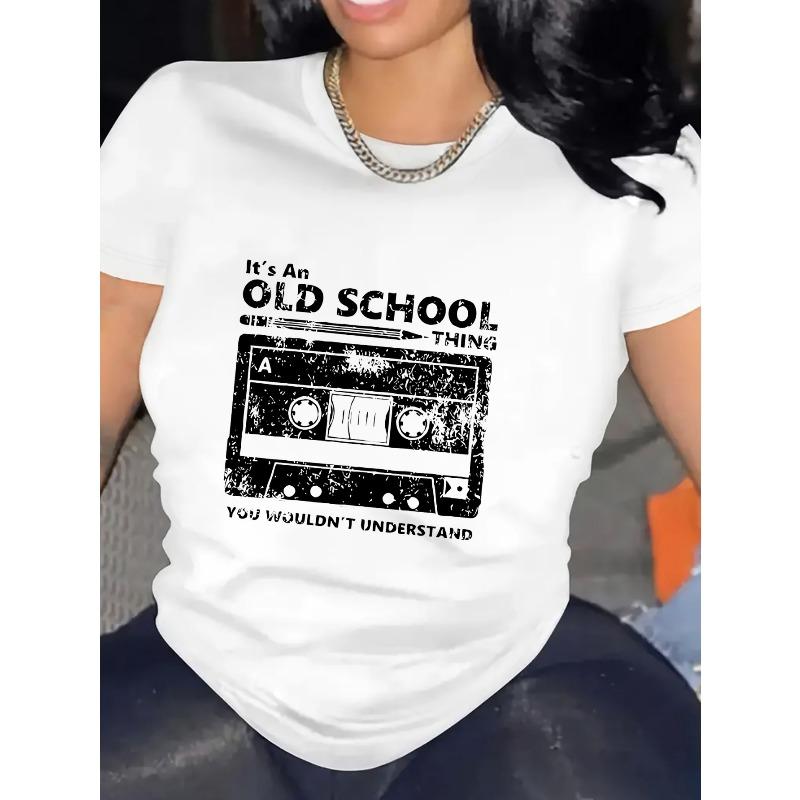 European Size Women's Magnetic Tape Print Short-Sleeve T-Shirt - Casual Round Neck Blouse, Machine Washable