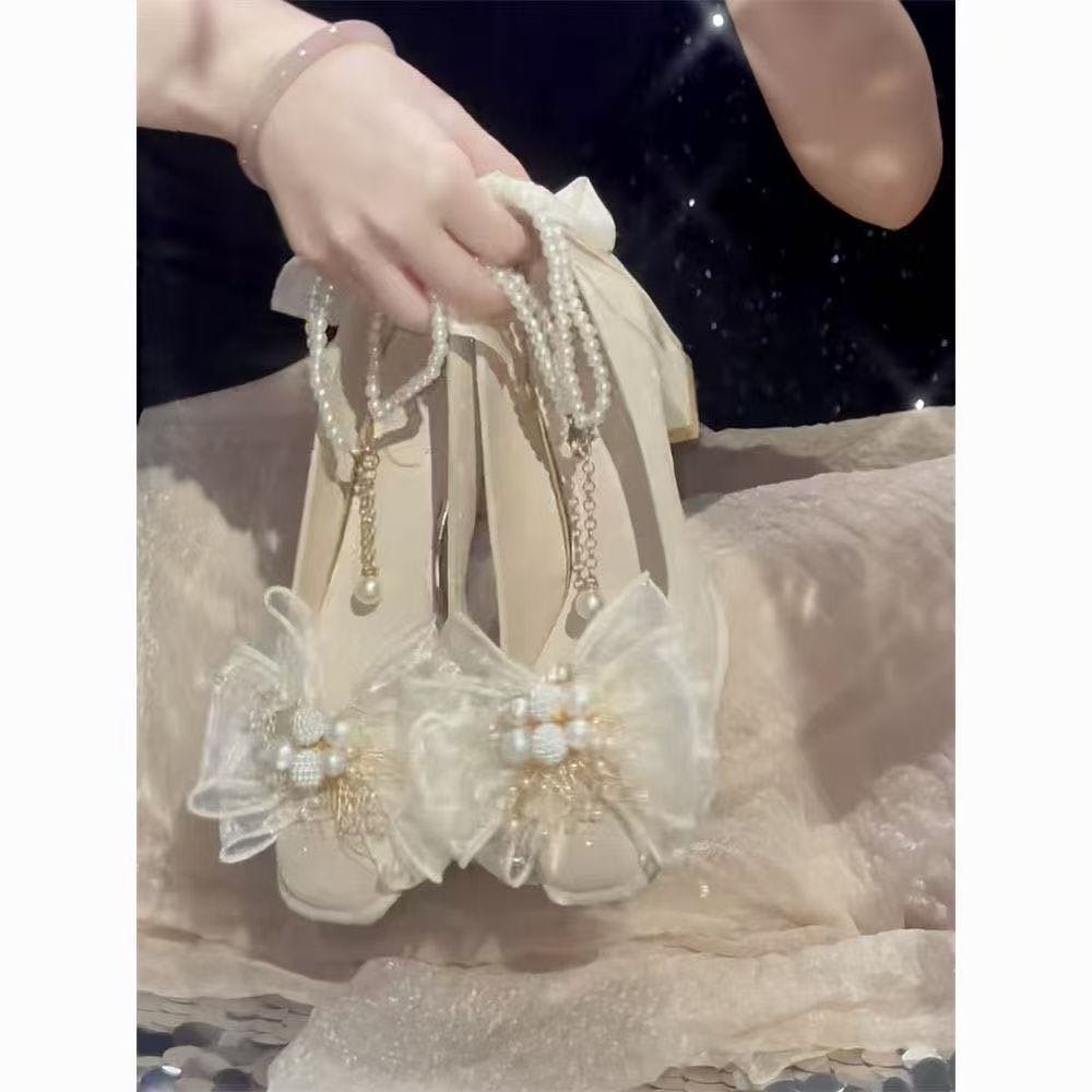 Women's High-Heeled Shoes Everyday French-Style Dresses Niche Evening Looks Mary Jane Shoes White Wedding Shoes, Chunky Heels, Versatile Styles