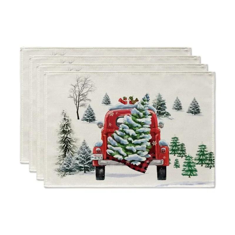 4pcs Christmas Placemat Theme Placemat Red Black Decorative Table Mat Western Meal Table Pad Christmas Dining Table Decor