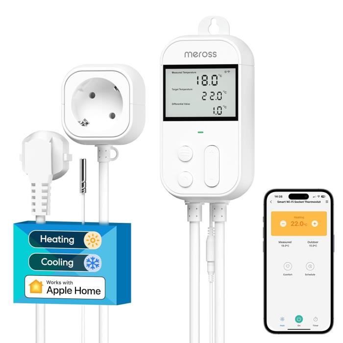 Prise thermostat connectée - meross - modèle wifi - contrôle à distance - compatible alexa - plage -30°c à 110°c