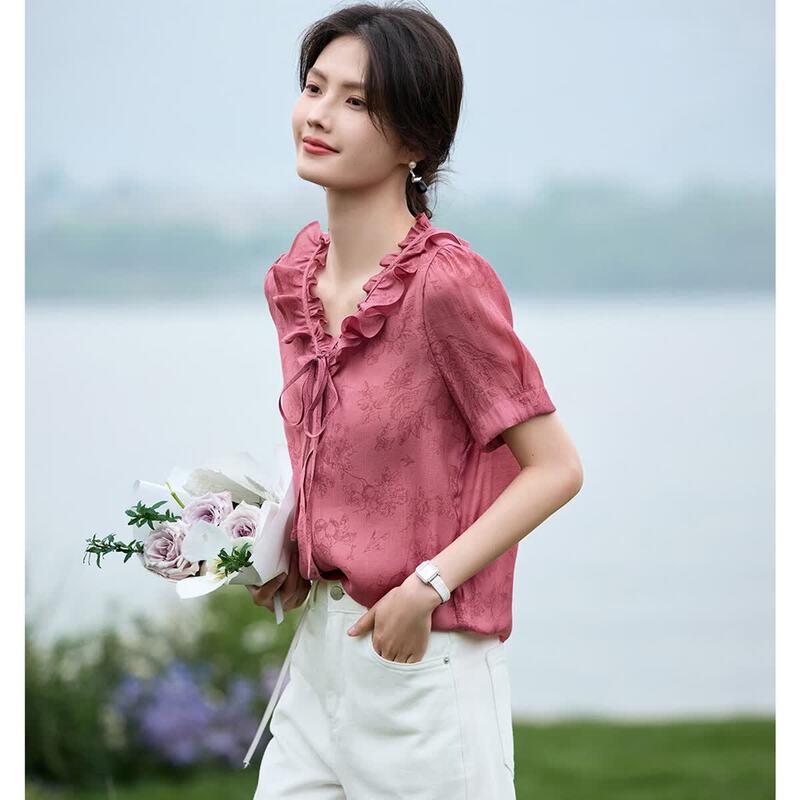 XWI French Elegant Ruffle V-Neck Short Sleeve Blouse S