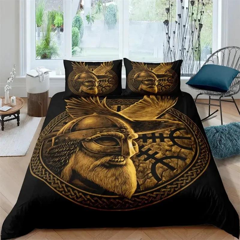 Viking Duvet Cover Set KingQueen Size Slate Blue Mjolnir Pattern Bedding Set Northern Germanic Culture Polyester Quilt Cover