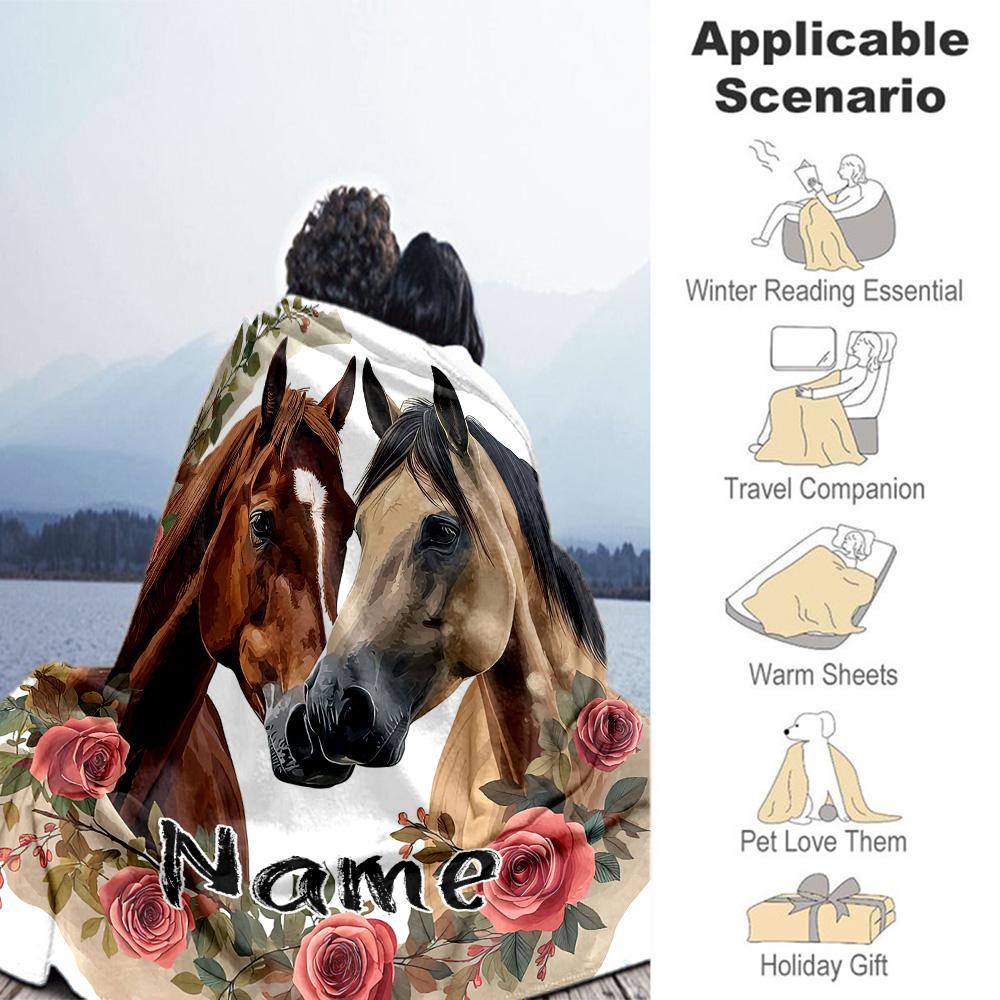Vintage Horse Roses Personalized Name Blanket Throw Customizable Blanket Soft & Cozy Throw For Seaside Livingroom Office Chair Nap