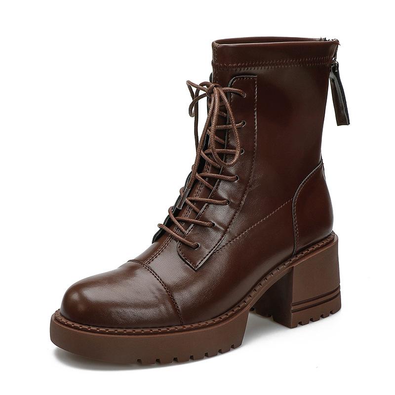 Short boots women's thick heel platform British style 2025 new retro brown Martin boots lace-up high-heeled spring and autumn single boots