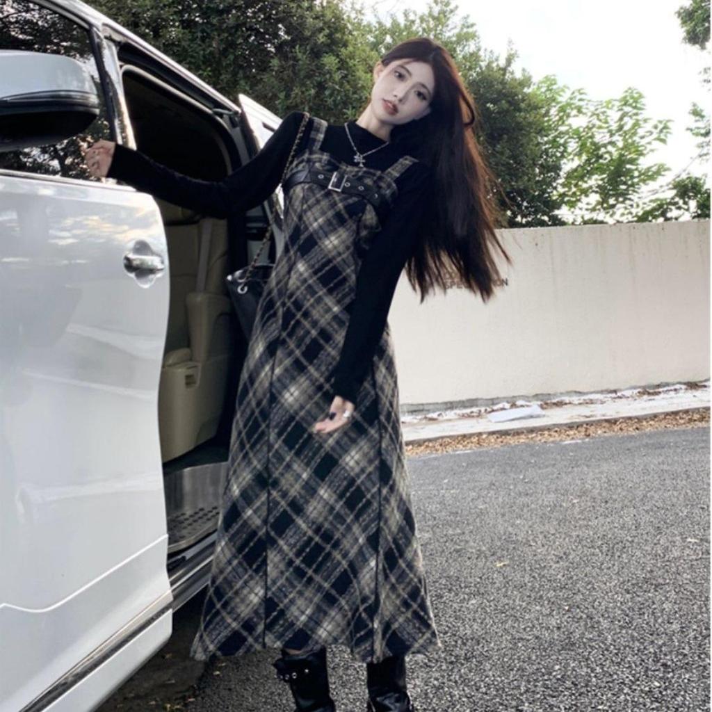 Retro French Plaid Strappy Dress with Long Sleeve Top Set
