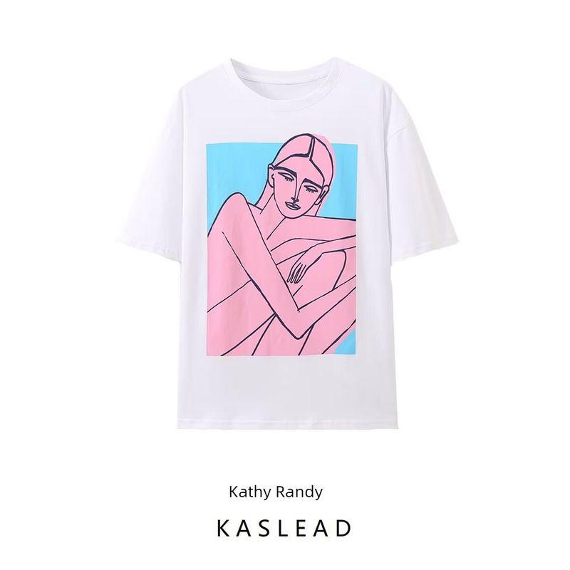 Kaslead New Arrival Women's Fashion Style Stylish Simple and Versatile Printing Color Contrast T-shirt 1165656