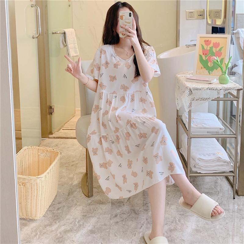 Cotton and silk nightgown women's spring and autumn casual short-sleeved large-size printed pajamas summer thin high-end cotton loungewear
