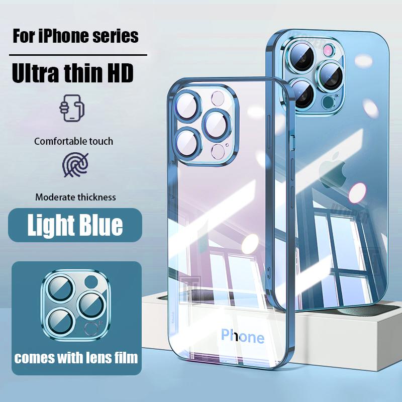 New Ultra Thin Transparent Comes with Lens Film Phone Case for iPhone 16 15 14 13 12 11 Pro Max 16 Plus Plating Shockproof Cover