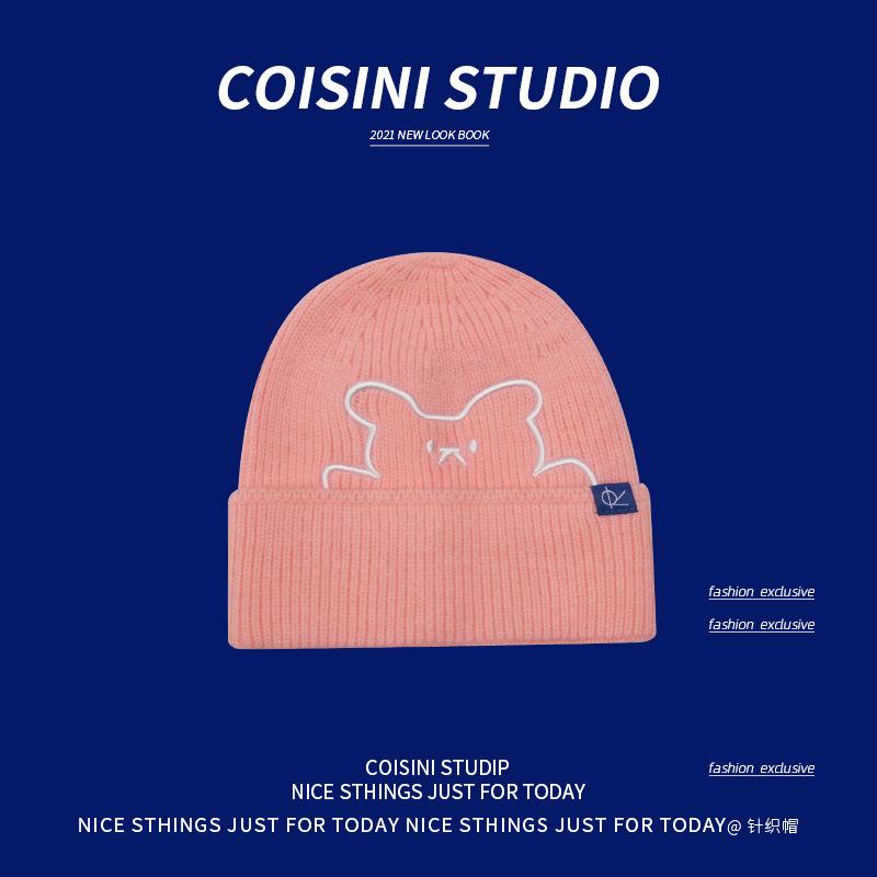 New cute bear embroidered wool hat women's autumn and winter warm ear protection cloth label knitted hat men's versatile women