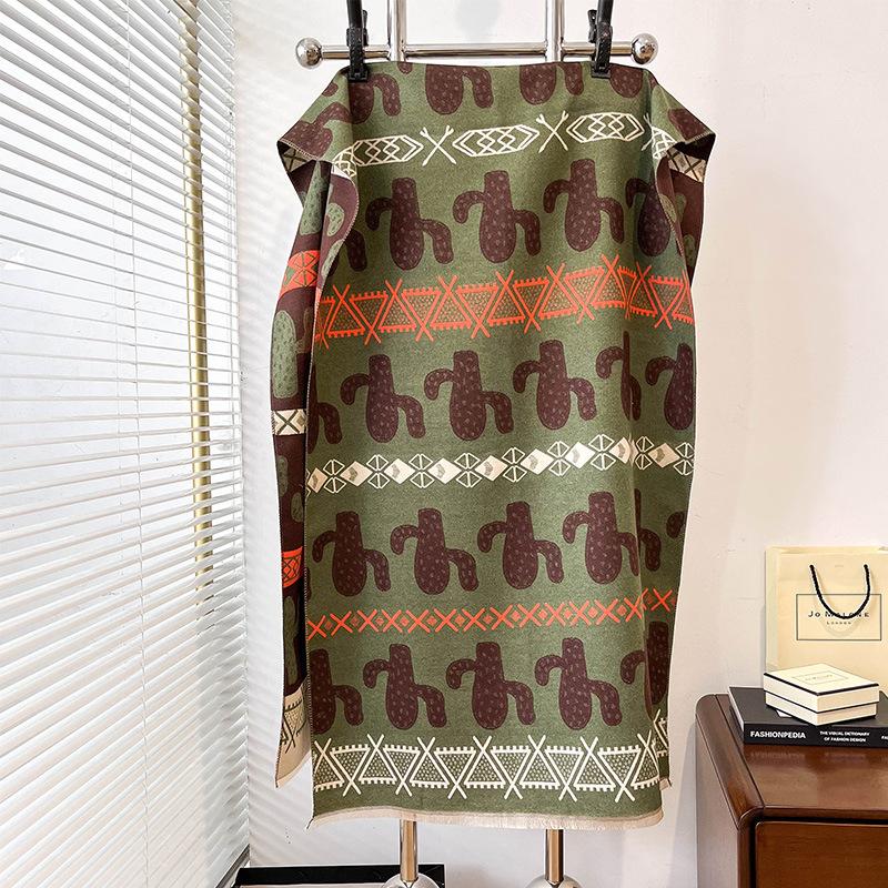 Imitation Cashmere Scarf Women'S Nordic Style Decoration Warm Dual-Purpose Double-Sided Shawl Creative Printing Fringed Scarf