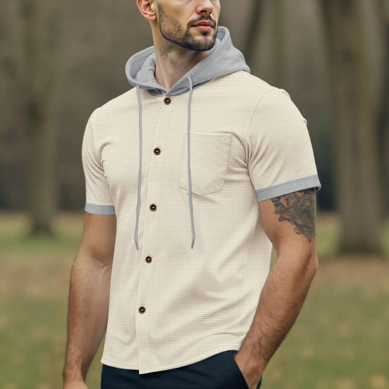 

Men s Waffle Knit Hooded Short Sleeve Shirt Casual Button Down Tops with Pocket Color Block Drawstring Hoodie Tees for Summer L хакі