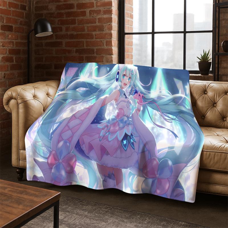 Cartoon M-MIKU Music Girl Flannel Blanket Soft Warm Blanket Throw Blanket for Bedroom Living Room Bed Travel Picnic Gift Kid