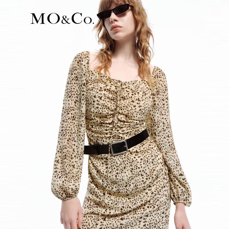 MO&Co. Leopard Print Silk Square Neck Lantern Sleeve Dress