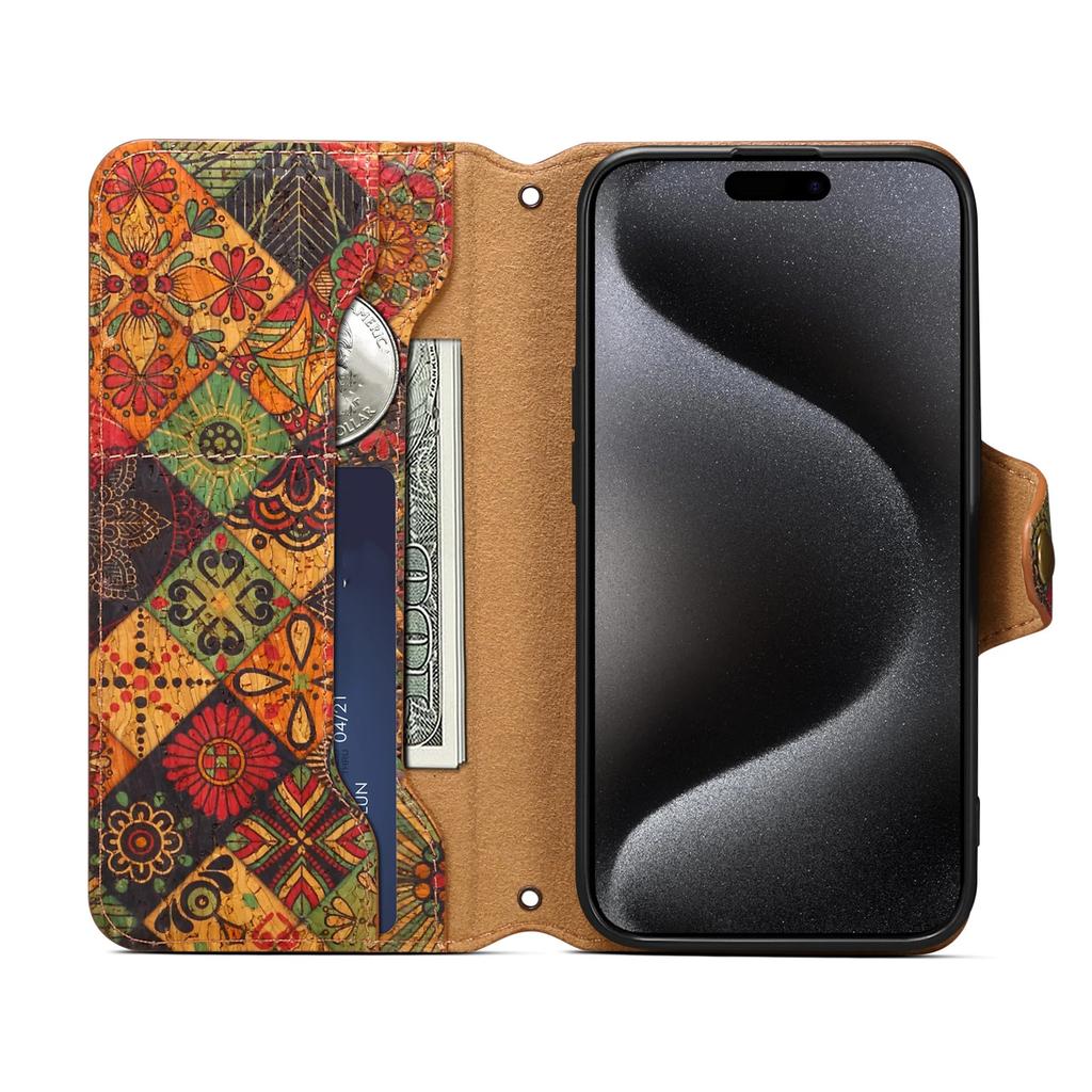 Custodia a Portafoglio Flip Etnica Floreale Boemia per Telefono - Custodia a Tracolla con Texture in Sughero, Porta Carte e Supporto per Serie iPhone 17 Pro 16 15