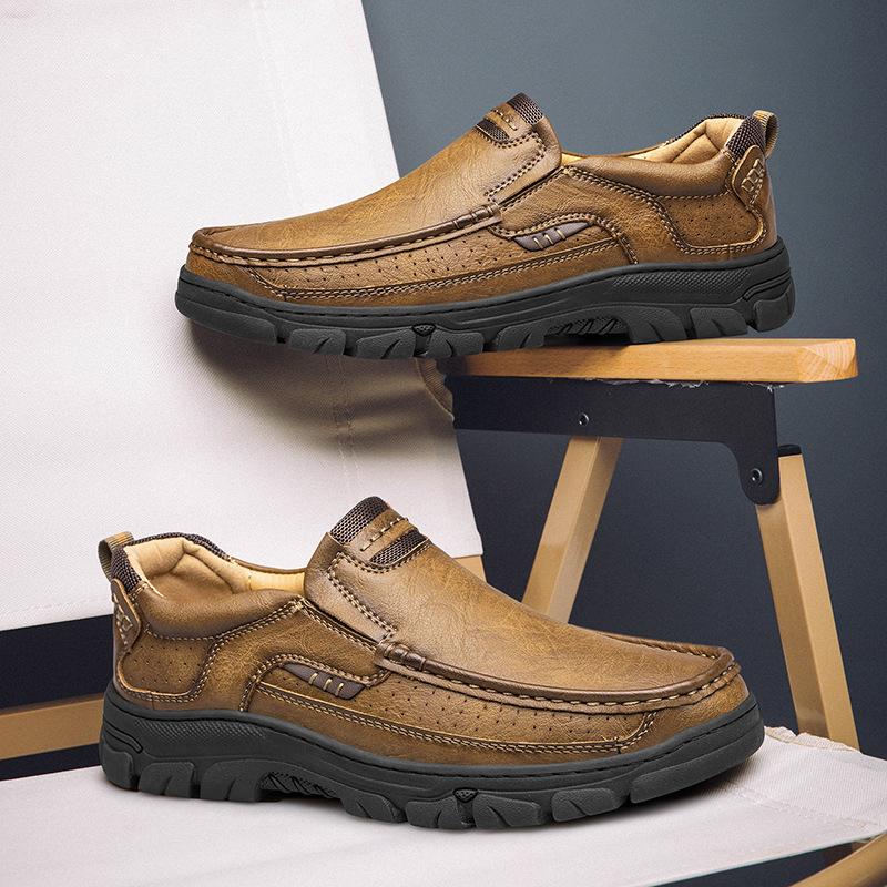 Herren Casual Slipper Handgefertigt Atmungsaktive Lederschuhe mit Dicker Gummisohle Bequemes Schuhwerk Klassische Handgenähte Nähte