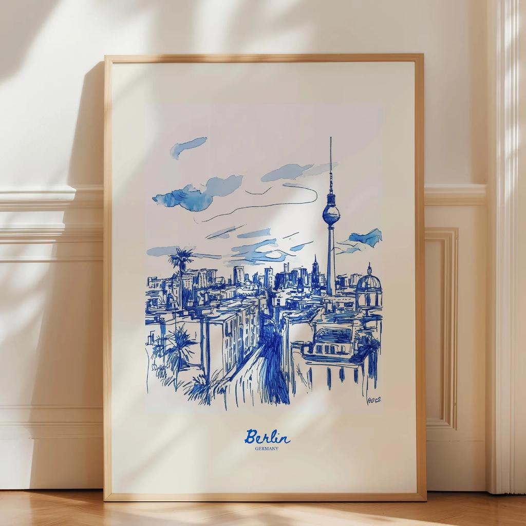City Travel Poster, Retro Italy Print, Navy Blue Trendy Wall Art, Hand Drawn Sketch, summer beach poster, Home Decor Art